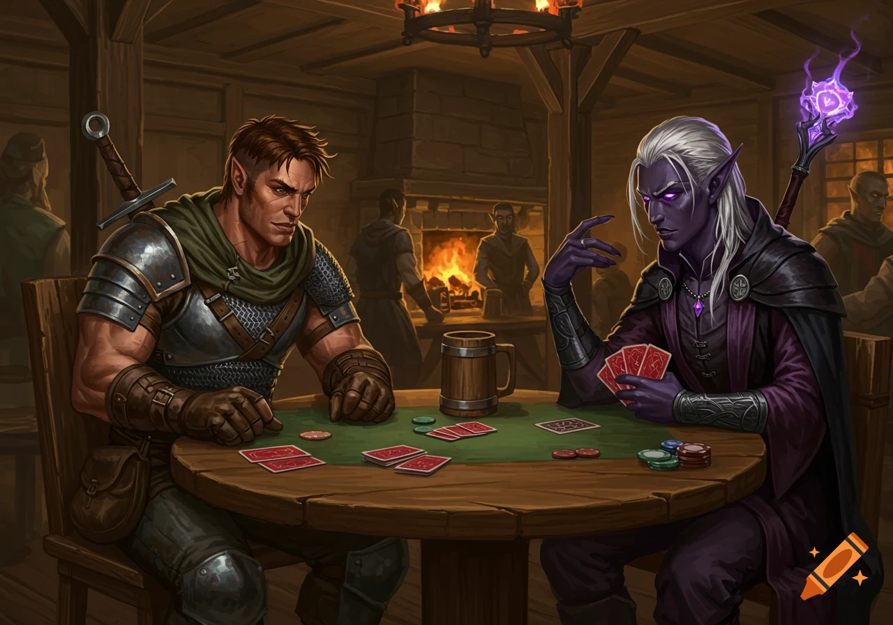 A human warrior and a drow elf wizard intently playing poker at a table in a dimly lit tavern, in a detailed fantasy art style.