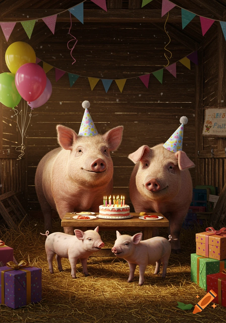 Photorealistic image of a pig family celebrating a birthday in a decorated barn. Two adult pigs in party hats stand behind a cake, with two piglets playing in front of them.