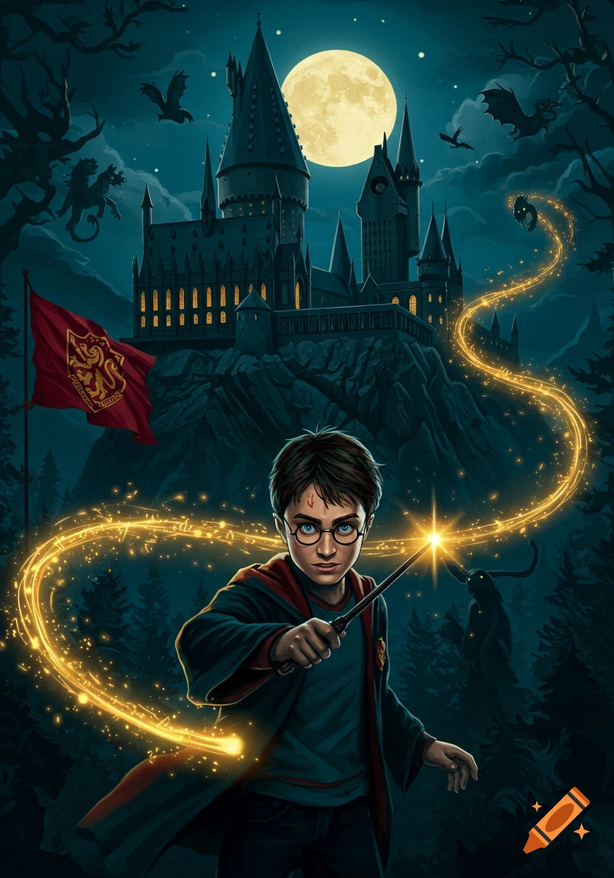 Harry Potter holds his glowing wand in front of a full moon, with Hogwarts castle and a Gryffindor flag under a dark sky.