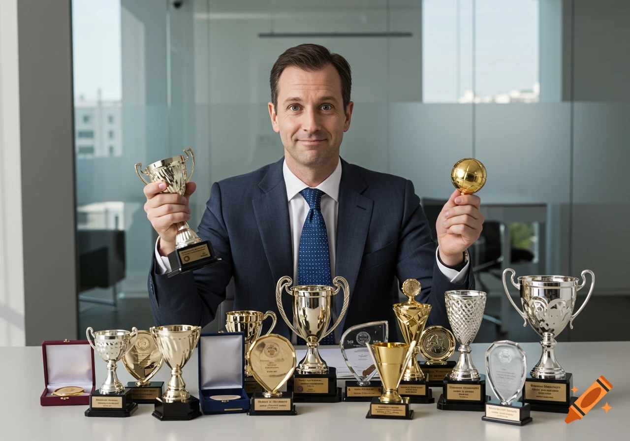 A smiling professional man in a suit sits at an office desk surrounded by numerous gold and silver trophies and awards.