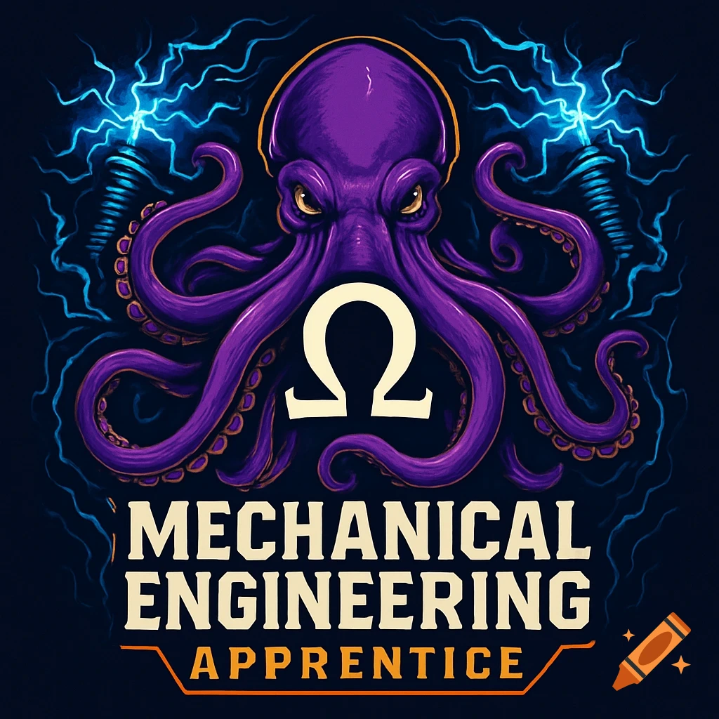 A purple octopus with an Ohm symbol, surrounded by blue lightning, above the text "MECHANICAL ENGINEERING APPRENTICE" on a dark background.