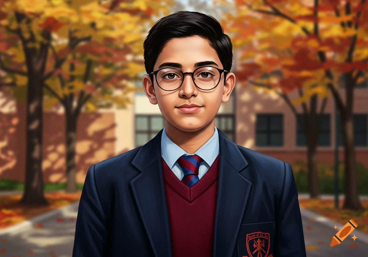 A young boy with dark hair and glasses wears a navy blazer, maroon sweater, and striped tie, standing outdoors in front of a school and autumn trees in a digital painting.