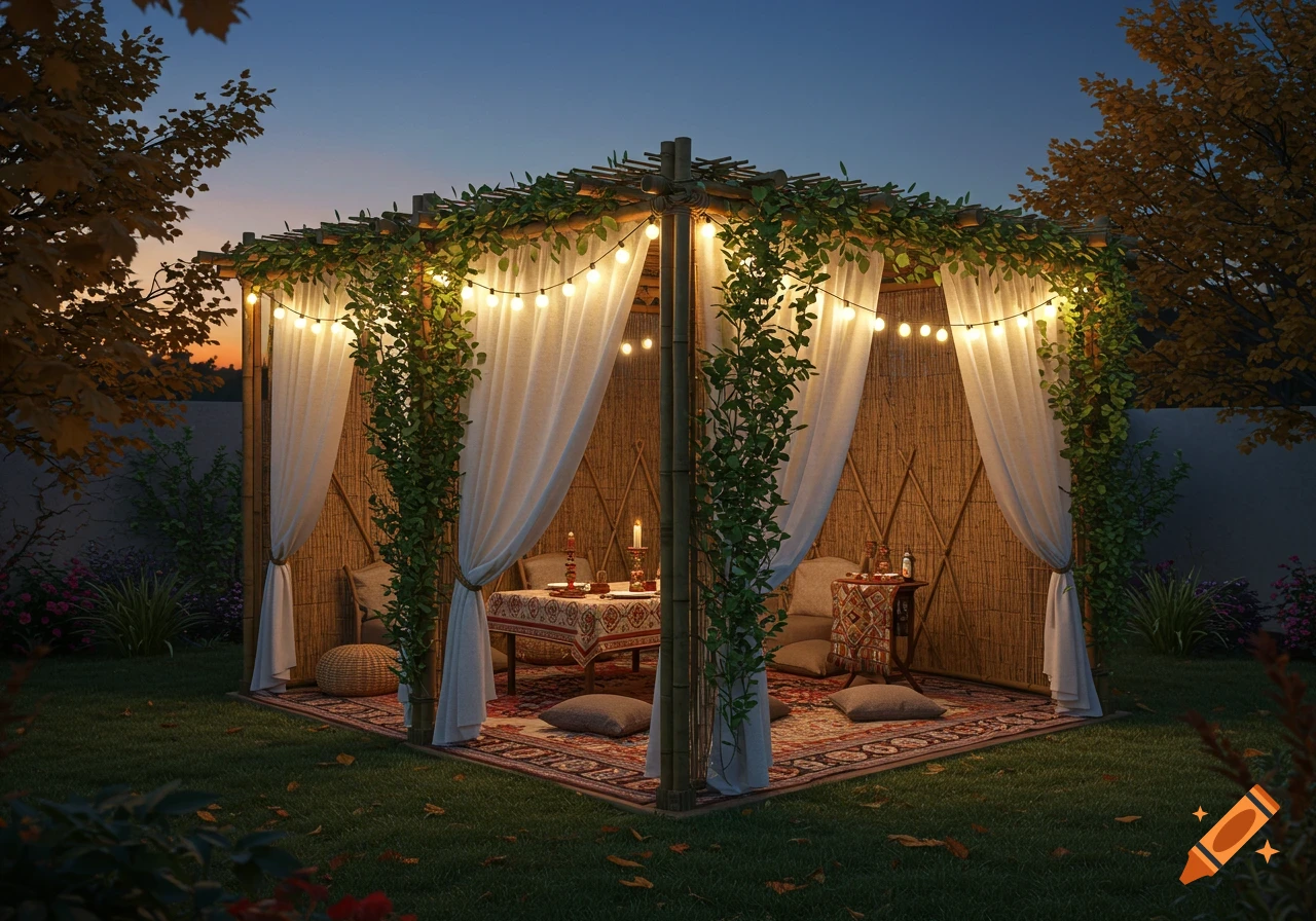 A beautifully decorated Jewish sukkah at night, illuminated by string lights, with a set table inside on a grassy lawn.
