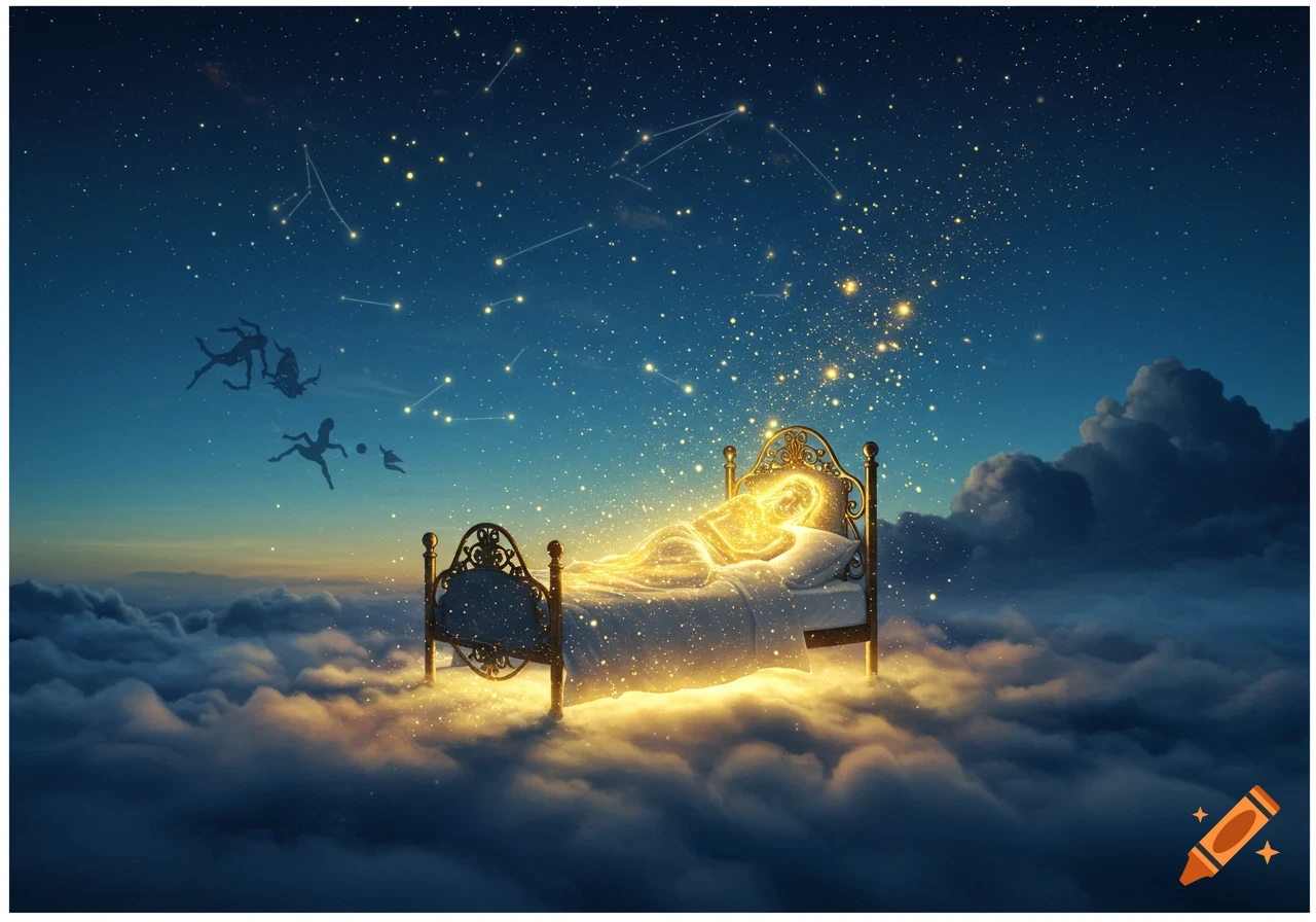Dreamlike scene of a glowing figure sleeping in a bed on clouds under a starry night sky with constellations and silhouetted figures.