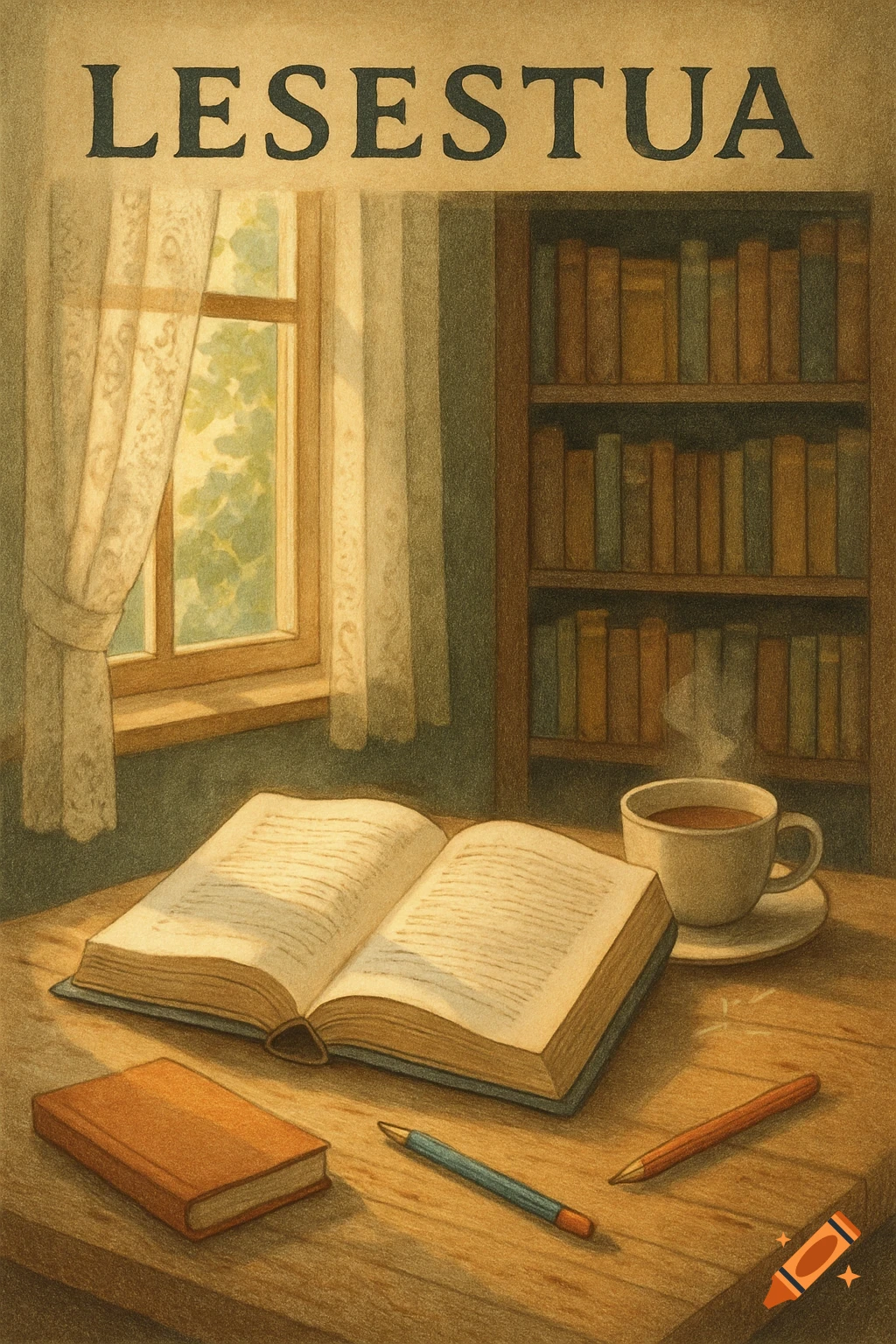 A cozy scene with an open book, a cup of coffee, and pens on a wooden table by a sunlit window and a bookshelf. Title 'LESESTUA' at top.