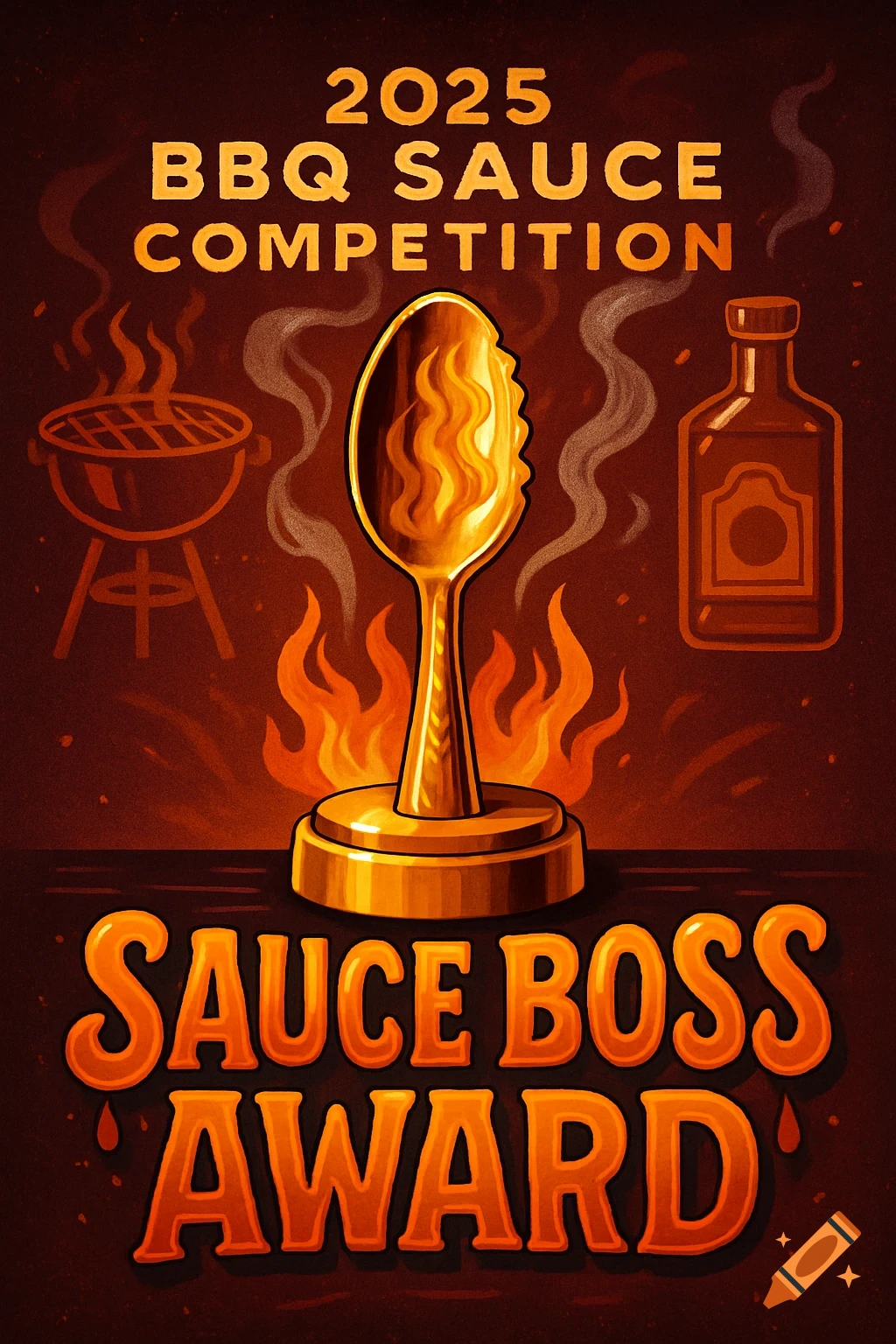 An illustrated poster for the 2025 BBQ Sauce Competition, featuring a golden spoon award with flames, a grill, and a sauce bottle, with "Sauce Boss Award" text.