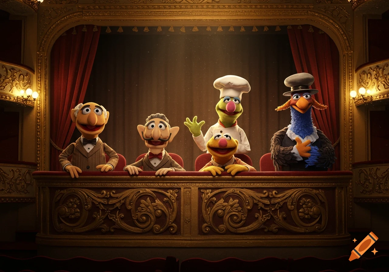 Statler, Waldorf, the Swedish Chef, and Sam Eagle sit in an ornate red and gold theater box.