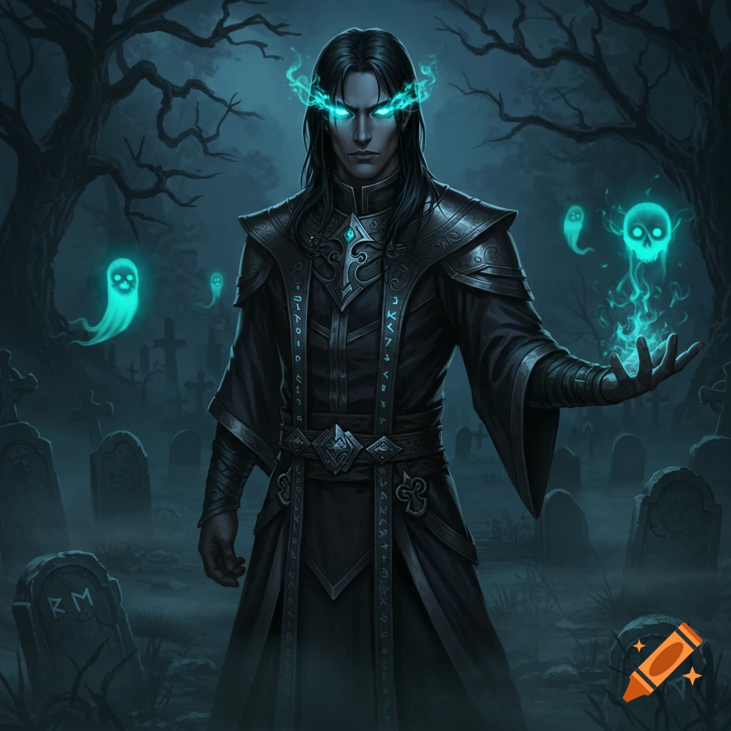 A dark-haired man with glowing blue eyes and ethereal blue energy emanating from his head and hand stands in a misty graveyard with floating blue ghosts.