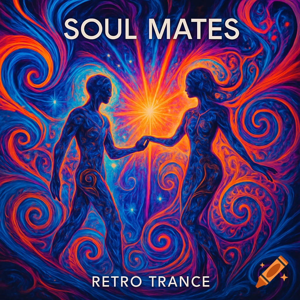 Two ethereal, glowing figures, male and female, holding hands amidst swirling vibrant blue, orange, and red psychedelic patterns with a starburst. Text "SOUL MATES" and "RETRO TRANCE" is visible.