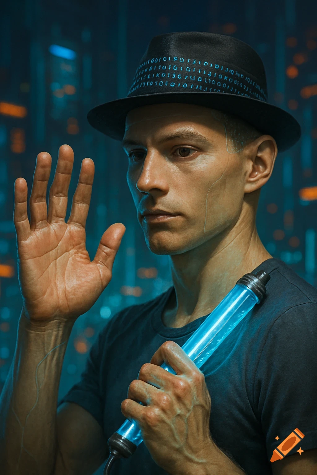 A futuristic man with subtle facial implants and a hat featuring binary code holds a glowing blue tube, his hand raised.