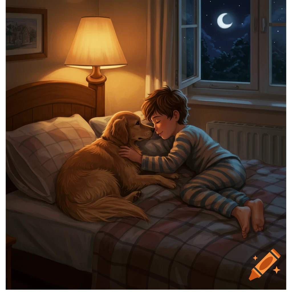 Illustrated image of a boy in pajamas cuddling a golden retriever on a bed in a cozy bedroom at night with a moonlit window.