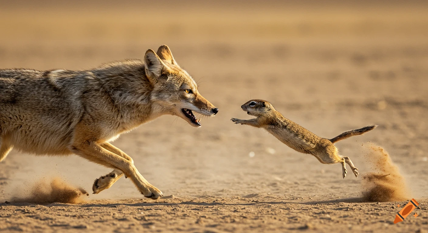 A photorealistic coyote chases a ground squirrel mid-leap in a dusty desert, captured in high-speed action.