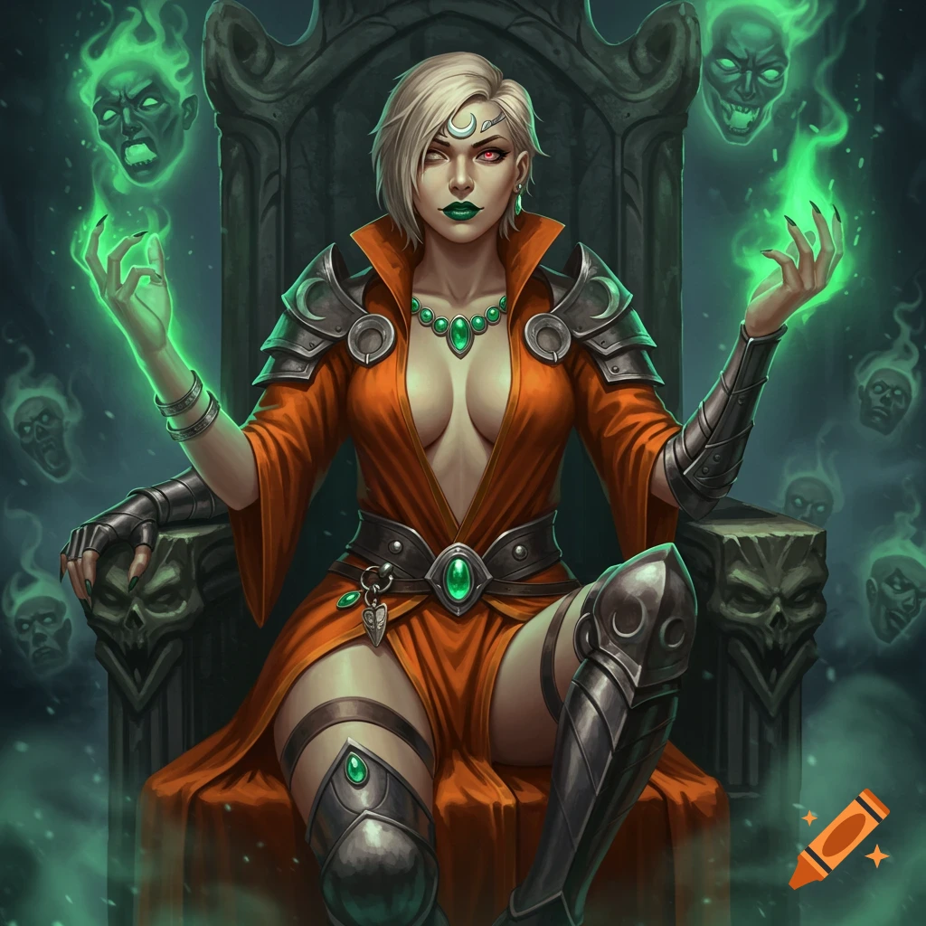 Blonde sorceress with green lips on a throne, summoning green energy, surrounded by ghostly faces. Digital fantasy art.