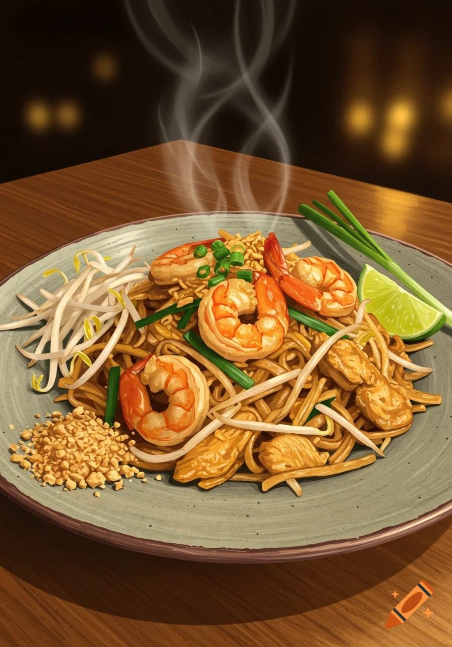 A steaming plate of Pad Thai with shrimp, noodles, bean sprouts, peanuts, lime, and green onions on a wooden table.