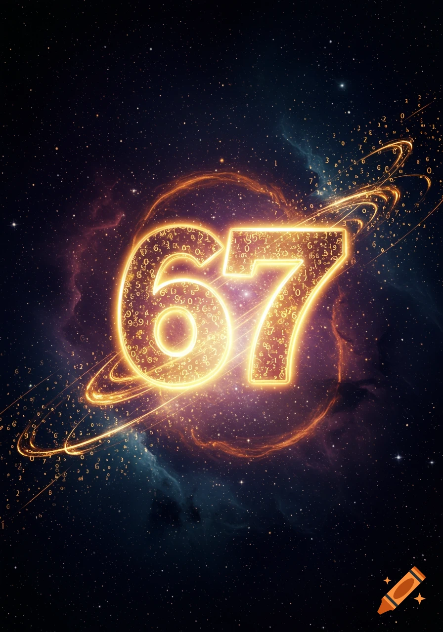 Glowing number 67 composed of smaller numbers, encircled by light trails in a starry nebula space background.