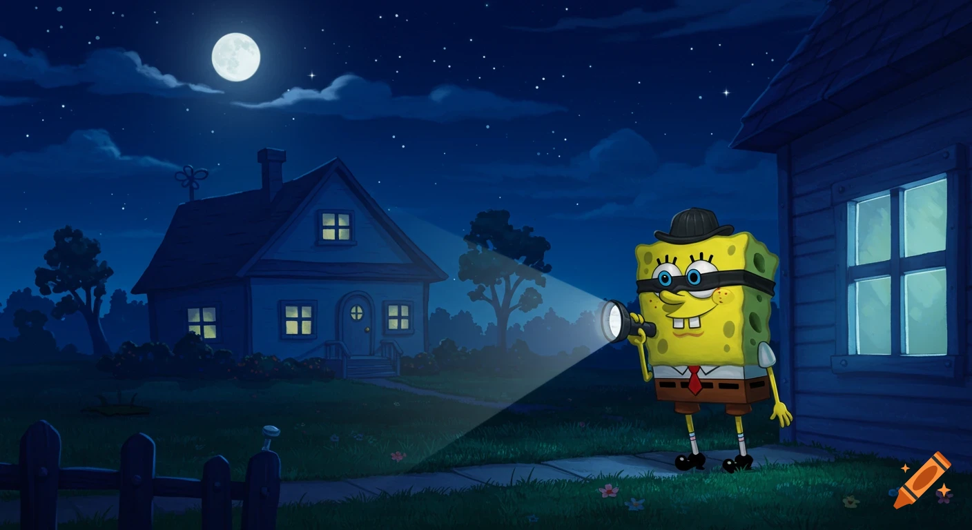 Cartoon SpongeBob dressed as a burglar, holding a flashlight outside houses at night under a full moon.
