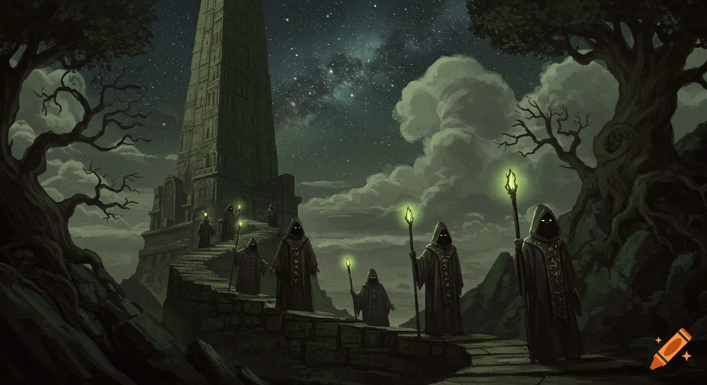 Hooded figures with glowing staffs climb a winding path toward an ominous tower under a starry, cloudy night sky in a dark, painterly style.
