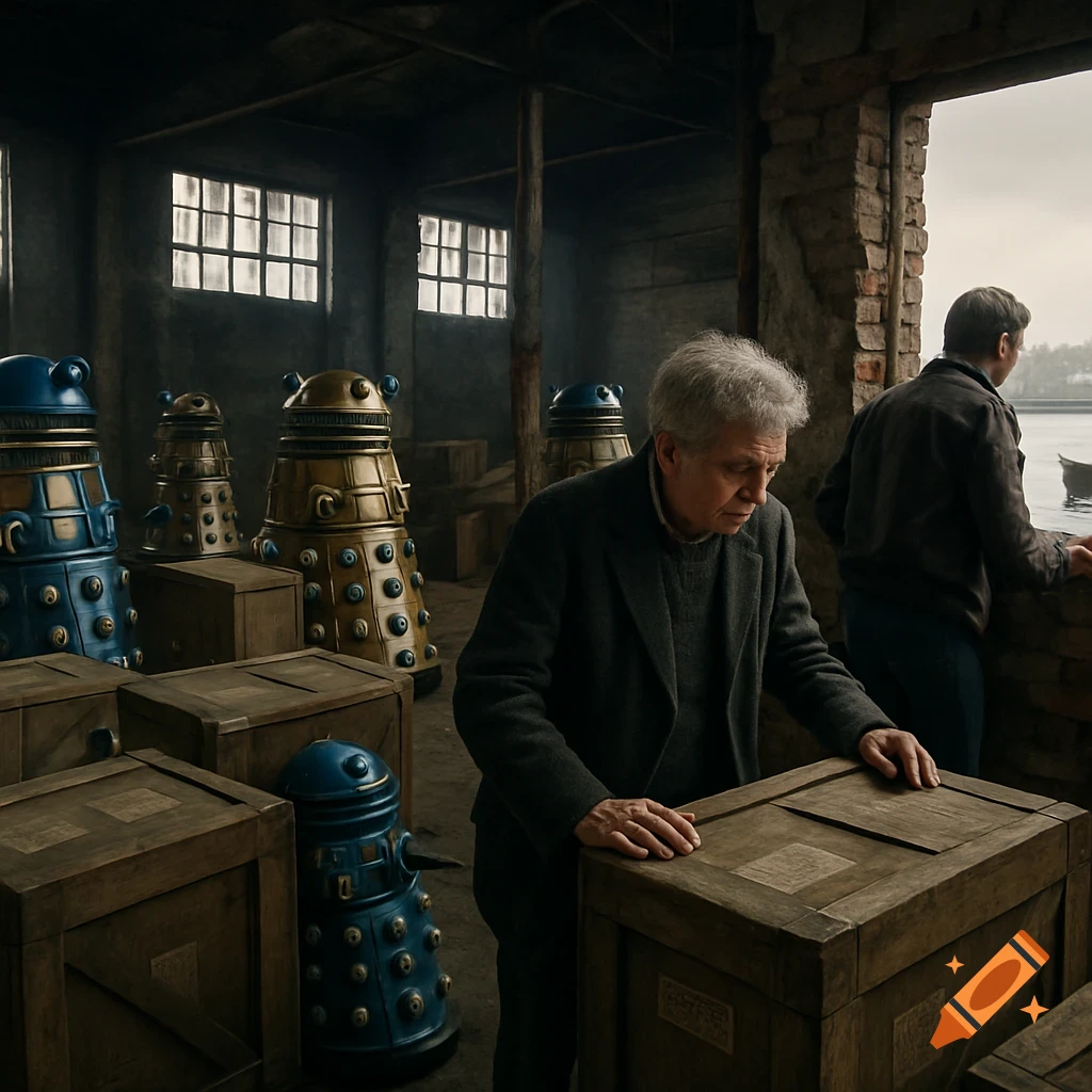 A photorealistic scene in a dark warehouse where two men are surrounded by various blue and gold Daleks hiding behind wooden crates.
