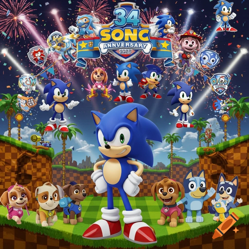 Sonic, Paw Patrol, and Bluey characters celebrate Sonic's 34th anniversary under fireworks in a festive cartoon style.