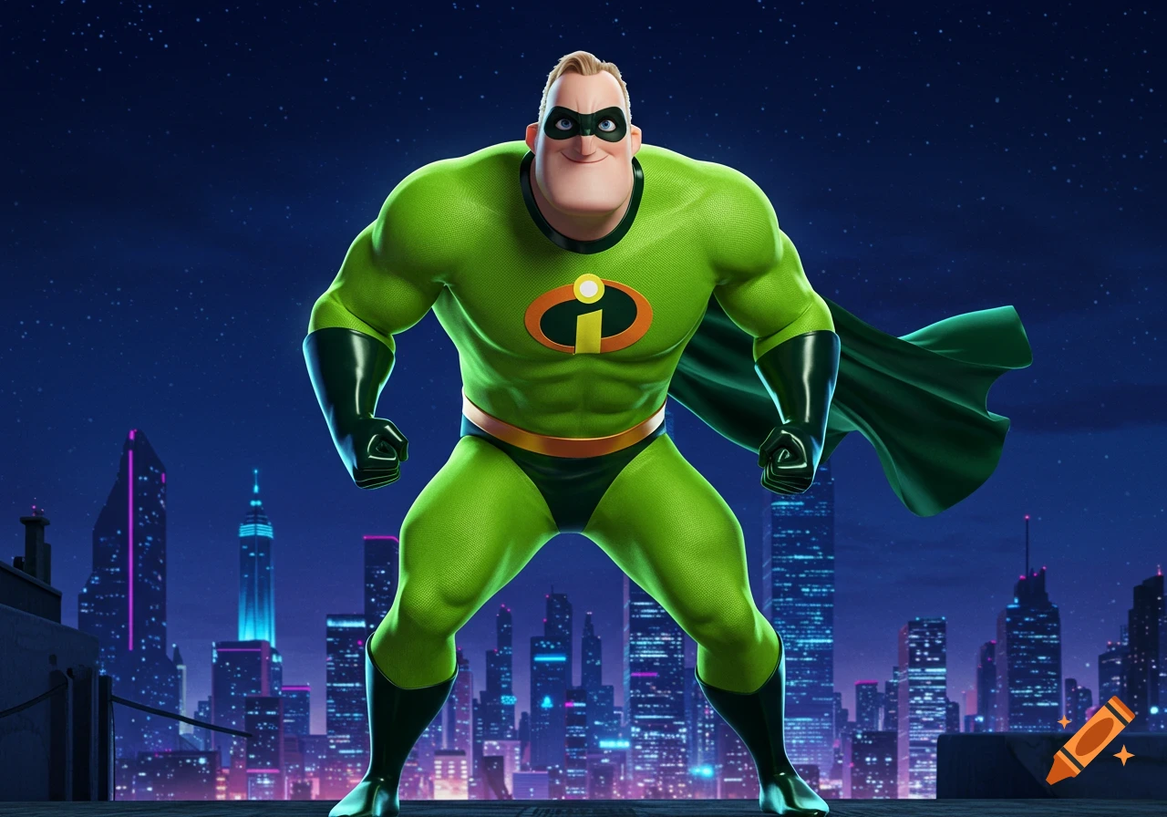 Mr. Incredible in a bright lime green superhero suit with a black mask and gloves, standing against a city skyline at night.