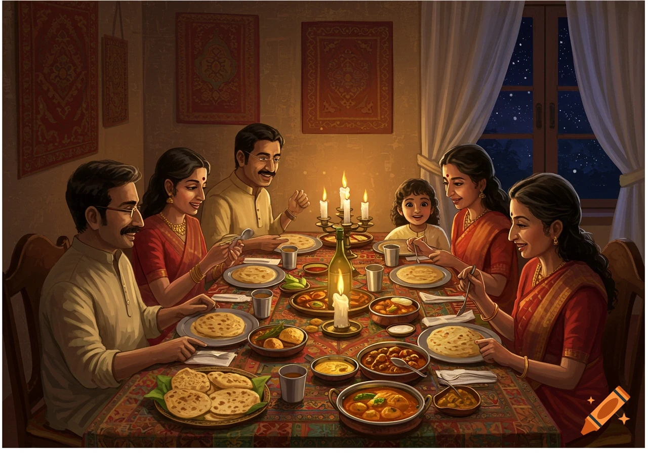 Illustrative scene of an Indian family having dinner by candlelight. Parents and children smile around a table laden with traditional food.