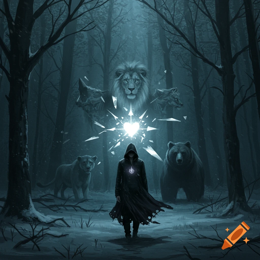 A hooded figure stands in a dark, snowy forest with a glowing, shattering heart, surrounded by a lion, wolf, puma, and bear in a dark fantasy art style.