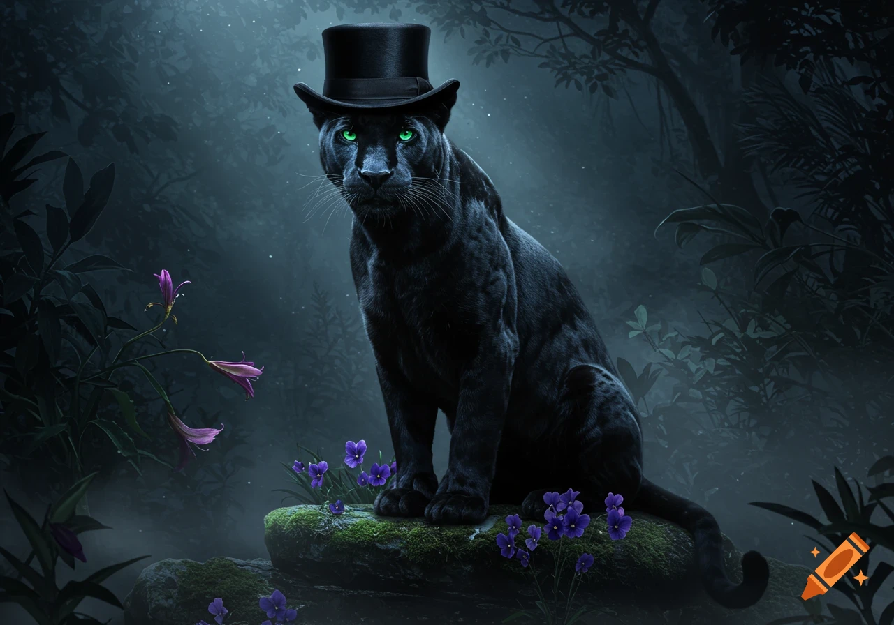 A majestic black panther with glowing green eyes and a top hat sits on a mossy rock in a dark, mystical forest with purple flowers.