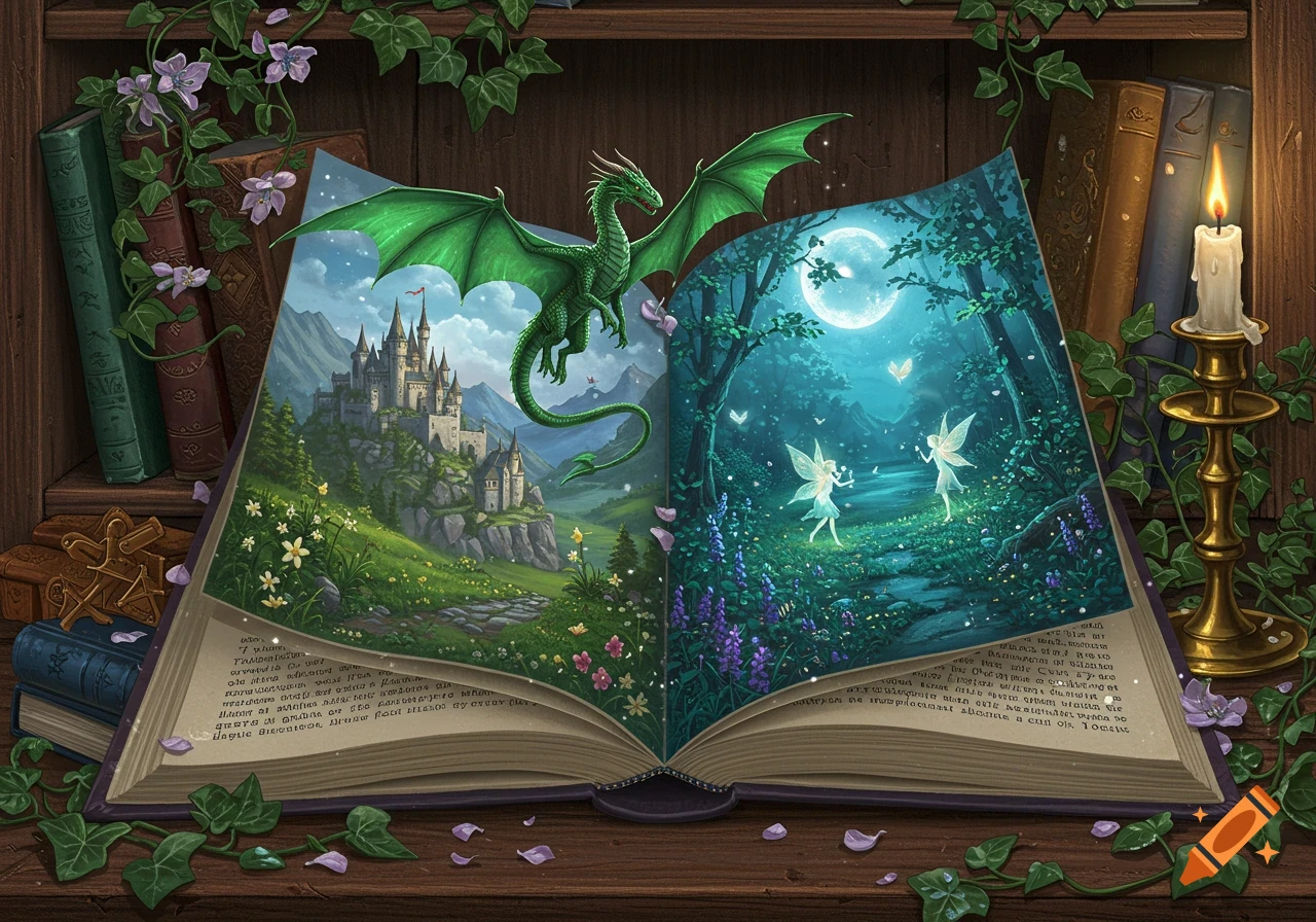 A magical storybook open to a fantasy world with a green dragon flying over a castle and fairies in a moonlit forest.