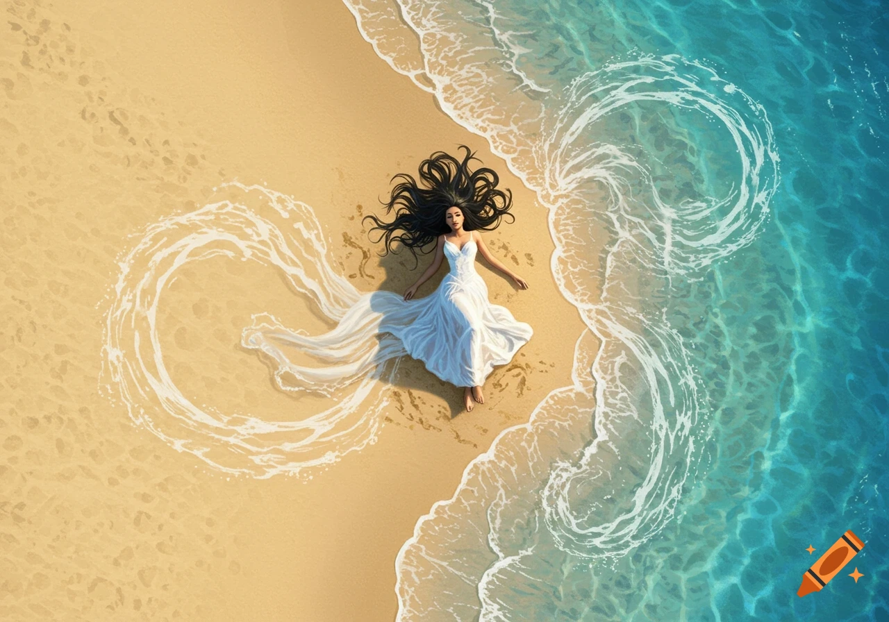 Top-down view of a woman with long black hair in a white dress lying on a sandy beach as waves form intricate patterns around her.