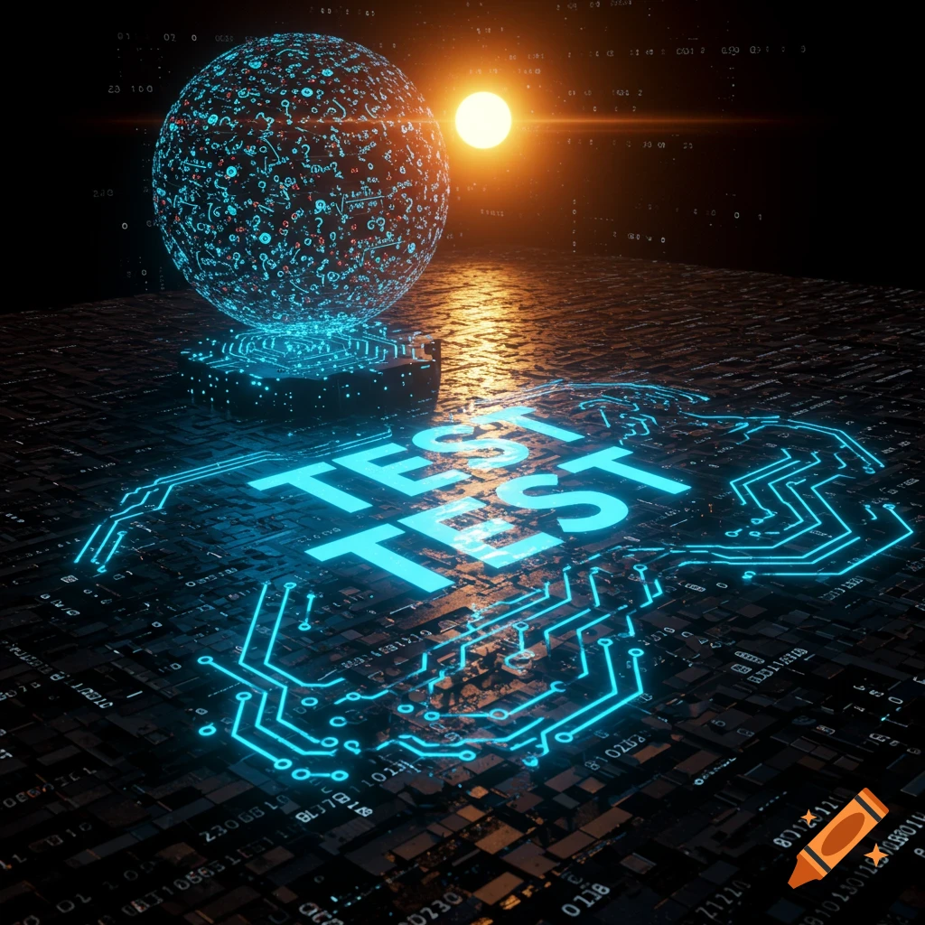 A futuristic digital landscape with a glowing sphere of code and blue circuit patterns. The words 'TEST TEST' glow blue on a dark, textured ground, under an orange sun-like orb.