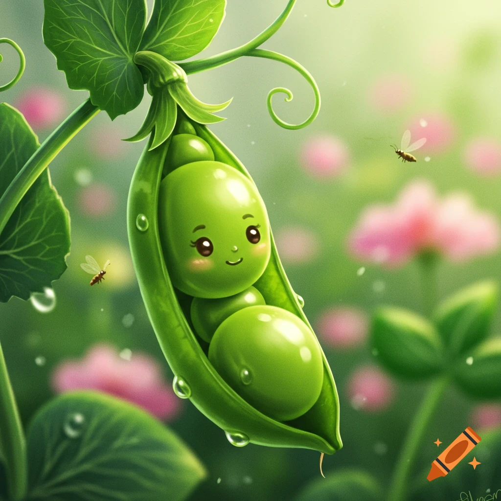 A cute, smiling pea character with rosy cheeks sits inside a vibrant green pea pod in a lush garden with pink flowers and tiny insects.