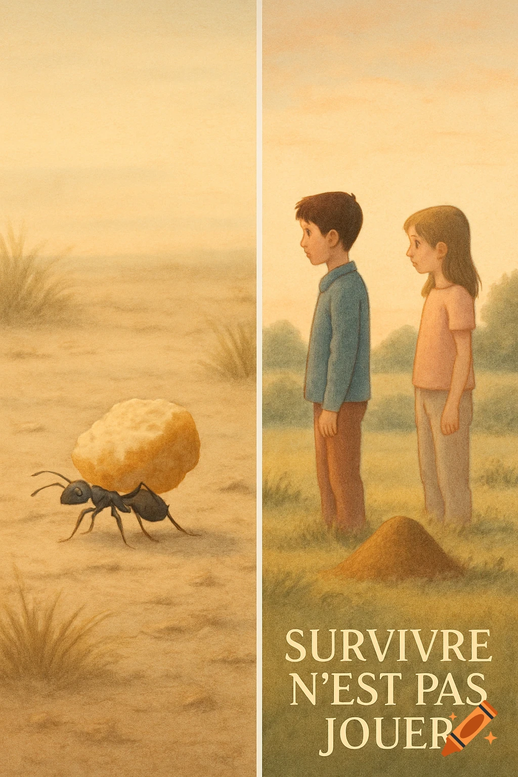 Split illustration: left, an ant carries bread on dry earth; right, two children look at an anthill in a field. Text: "SURVIVRE N'EST PAS JOUER".
