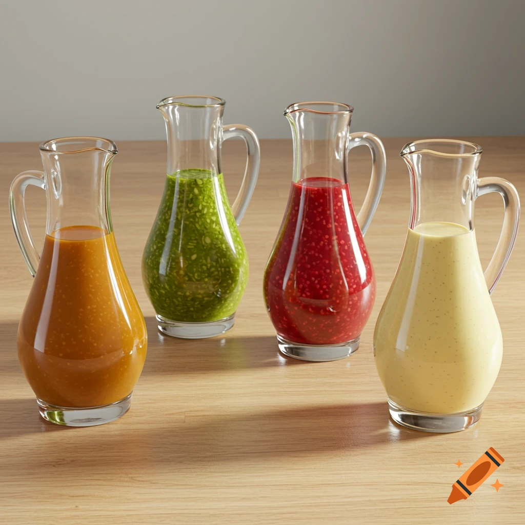 Four glass cruets holding orange, green, red, and yellow salad dressings on a light wooden surface.
