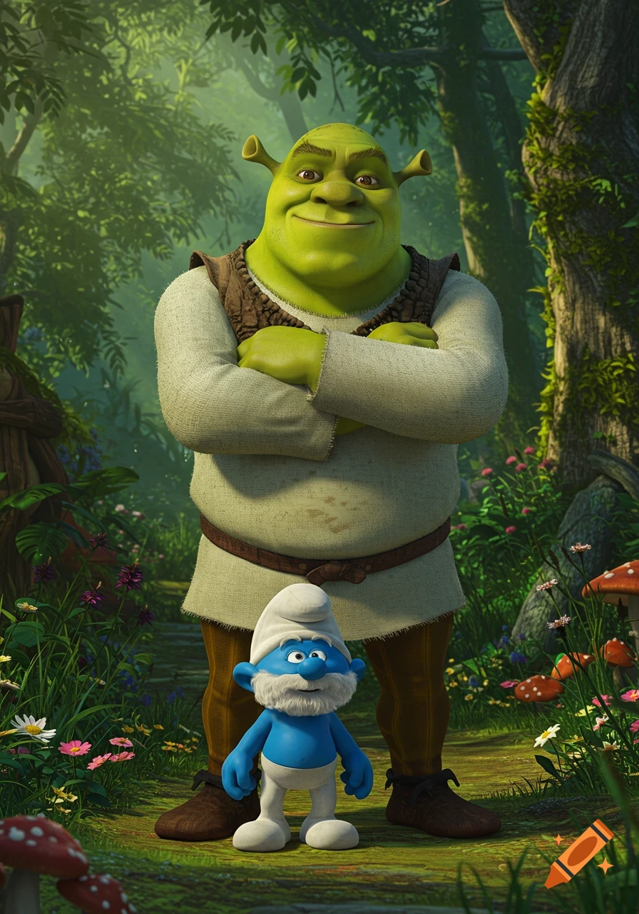 Shrek stands with his arms crossed, smiling, while Papa Smurf stands at his feet in a lush, green magical forest.