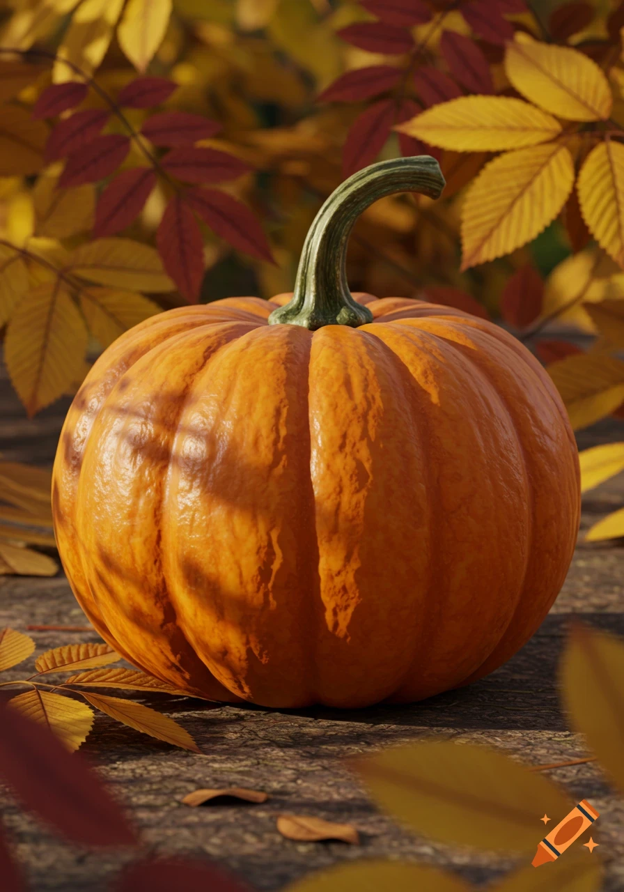 A realistic orange pumpkin sits on a rustic wooden surface, surrounded by vibrant yellow and red autumn leaves in sunlight.