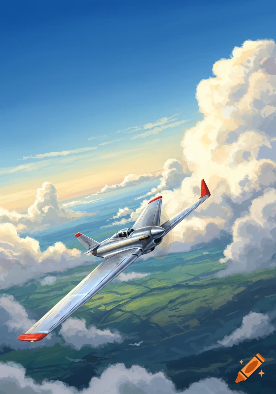 A silver propeller plane with red accents flies over green fields amidst white clouds under a bright blue sky, in a painterly style.