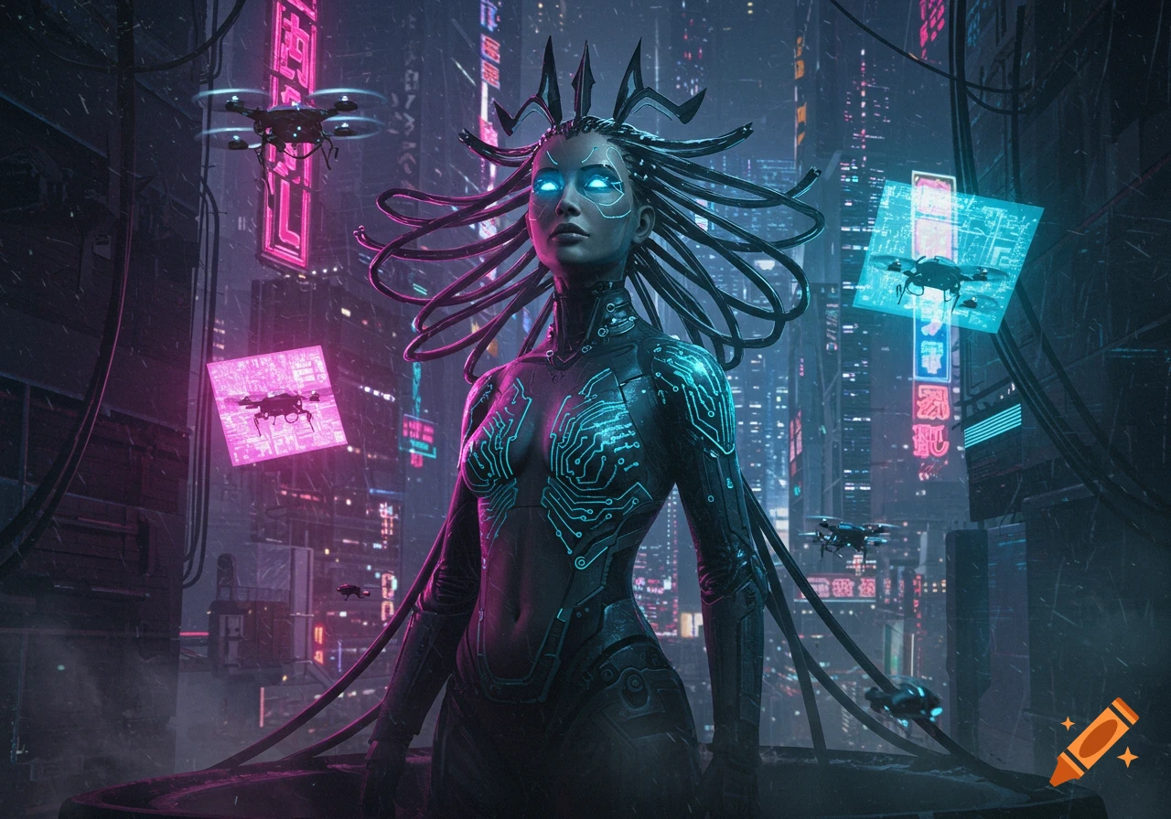A cyberpunk queen with glowing blue eyes and circuit patterns on her body stands in a neon-lit futuristic city with flying drones.