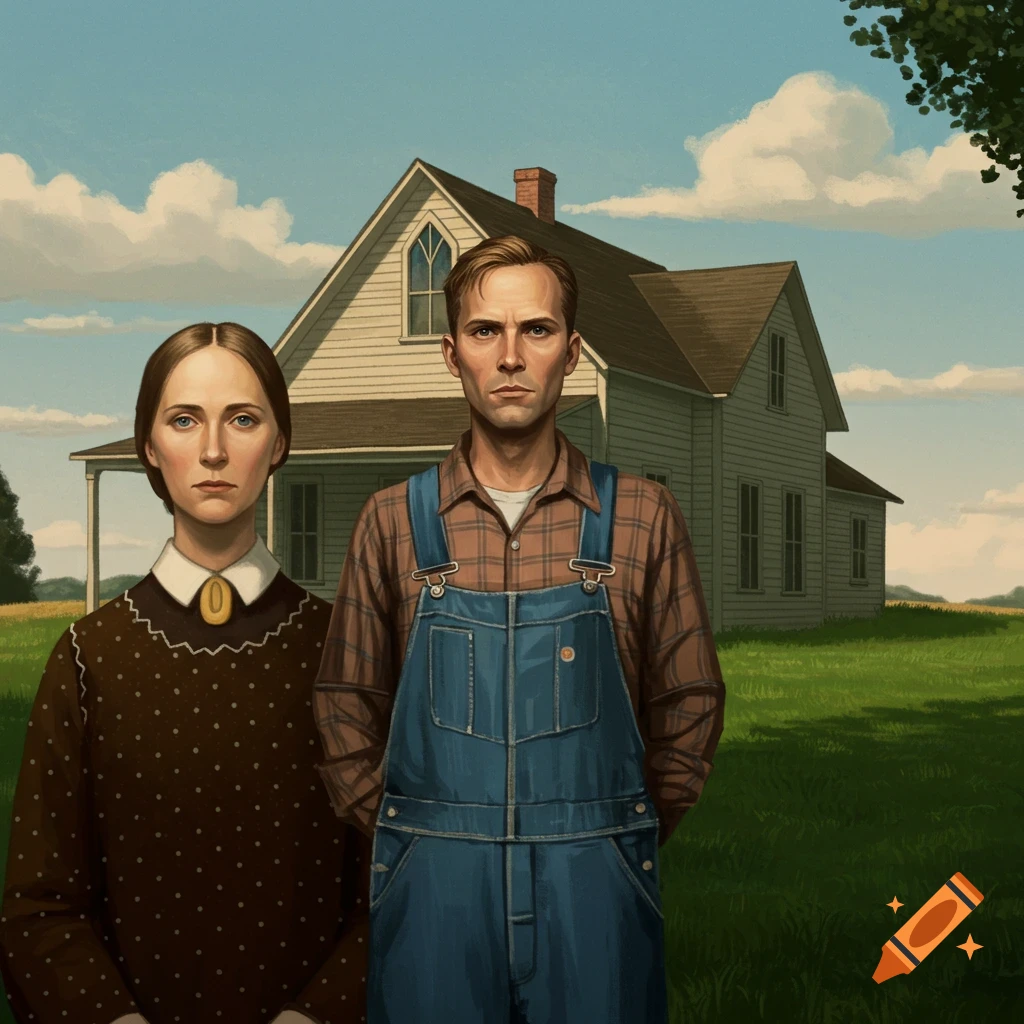 A stylized portrait of a stern man in overalls and a woman in a dark dress, standing before a white farmhouse.