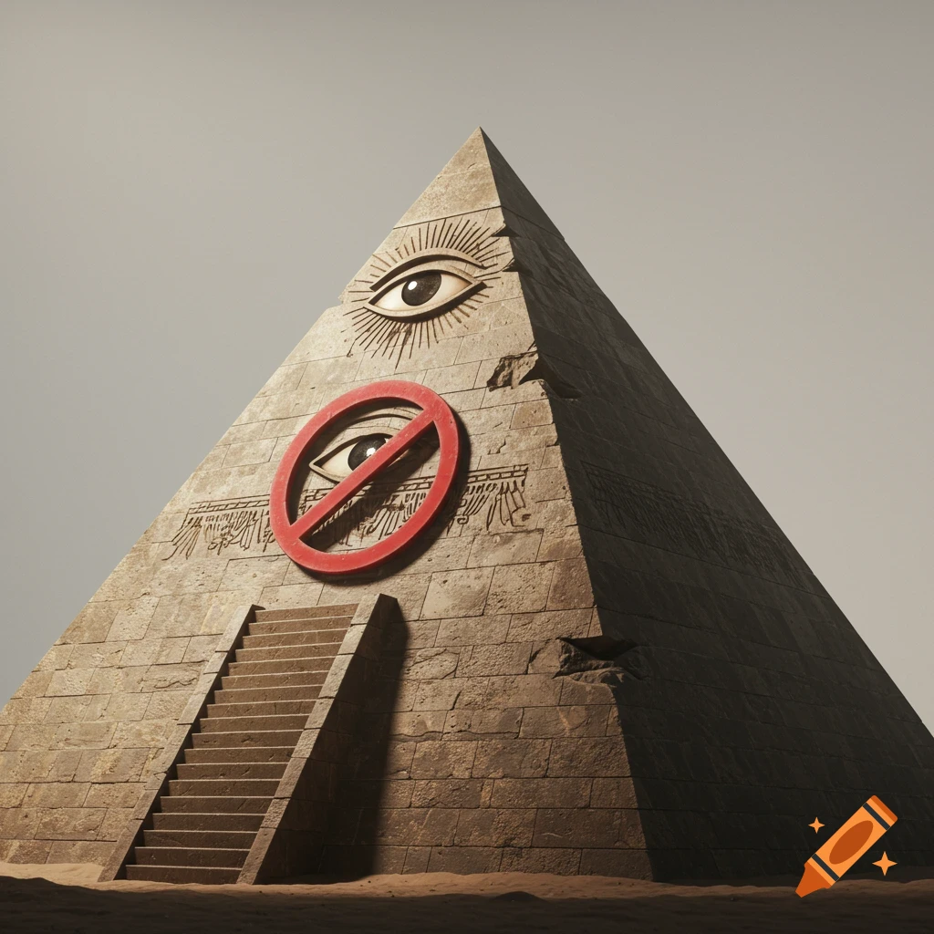 Photorealistic pyramid with the Eye of Providence at its peak, crossed out by a red forbidden symbol.