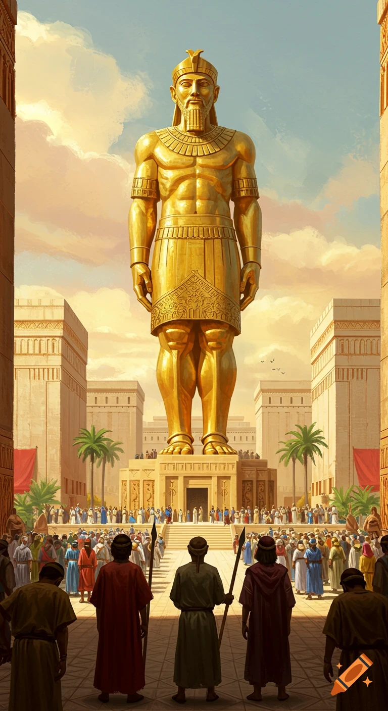 A monumental golden statue of a bearded man stands before an ancient city, as a large crowd gathers to observe or worship it.
