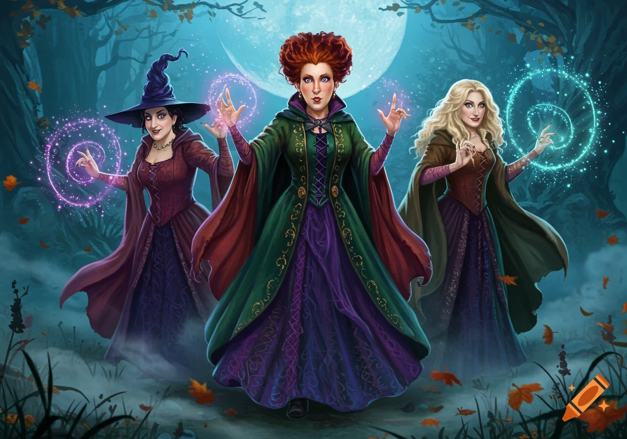 Three Hocus Pocus witches casting spells under a full moon in a magical forest. Illustrated in a vibrant fantasy style.