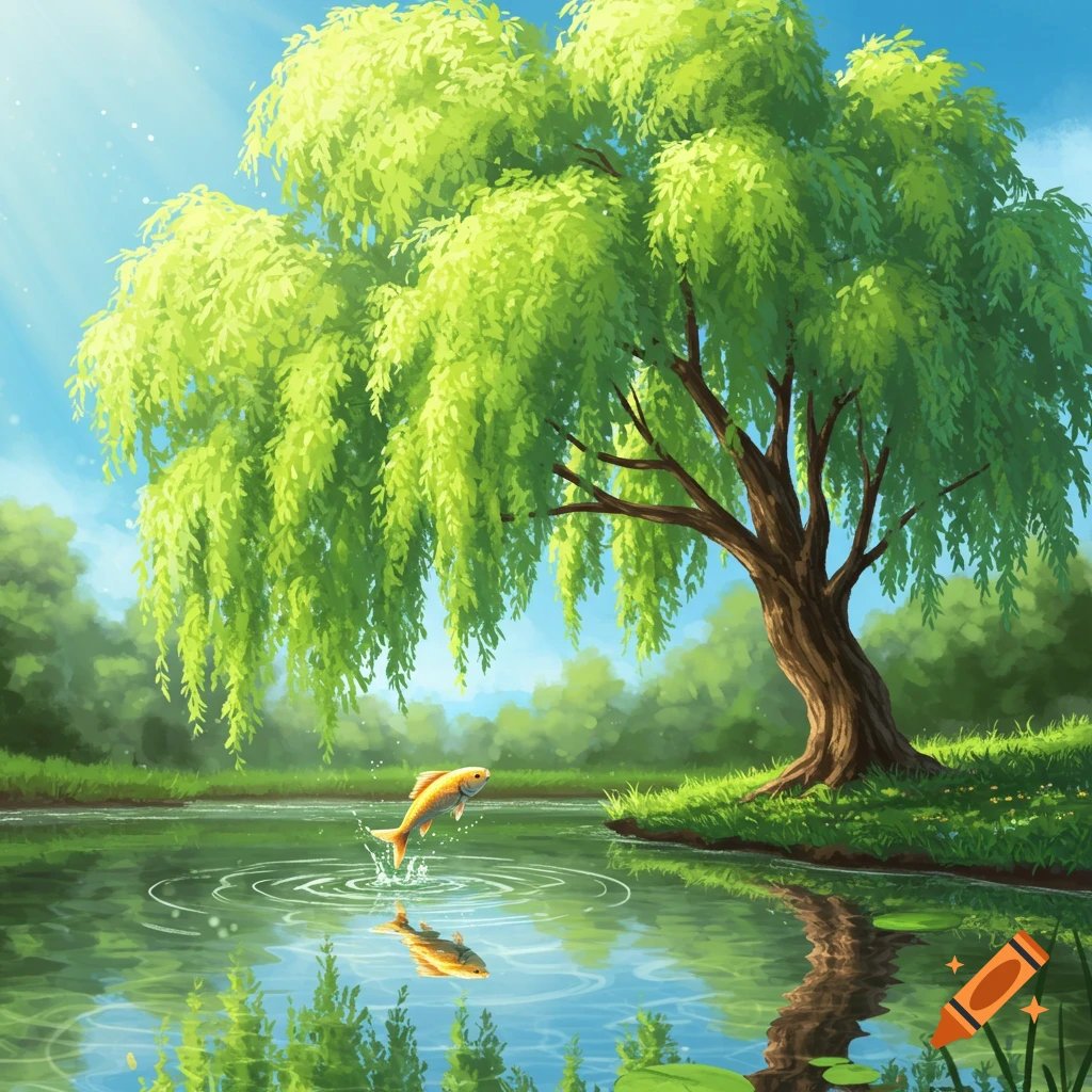 A vibrant green weeping willow tree by a pond, with a golden fish leaping from the water, under a blue sky.