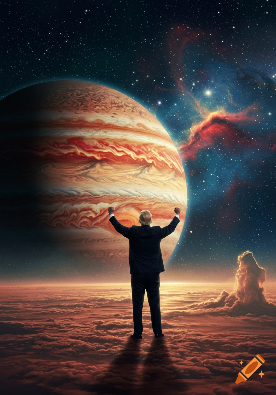 A man resembling Donald Trump with arms raised stands on an orange alien cloudscape under a starry sky with Jupiter and nebulae.