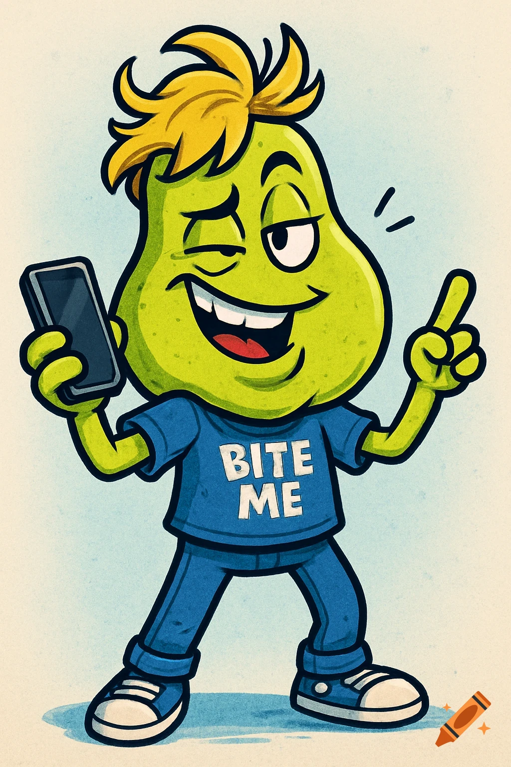 A winking cartoon pear character with blond hair, wearing a 'BITE ME' t-shirt, holding a smartphone.