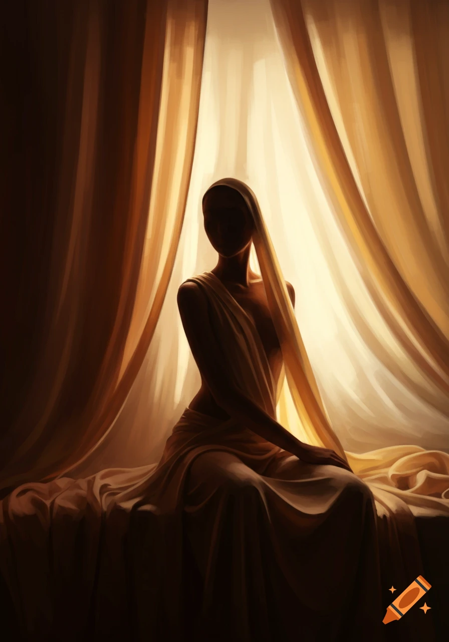 Painterly image of a veiled figure sitting draped in flowing fabric against a softly lit background, in silhouette.