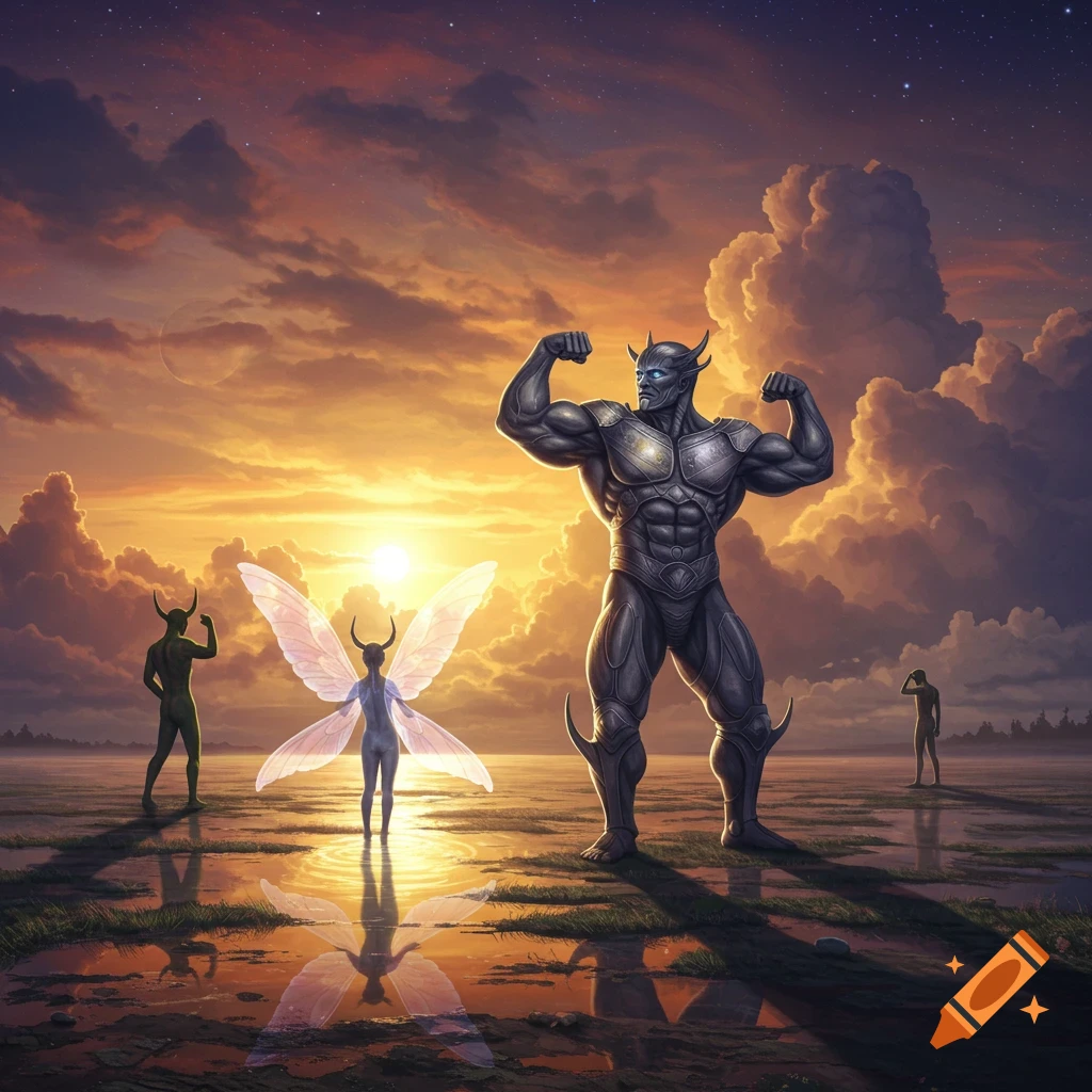 Fantasy creatures, including a muscular demon-like figure and a winged fairy, stand in a reflective landscape at sunset.