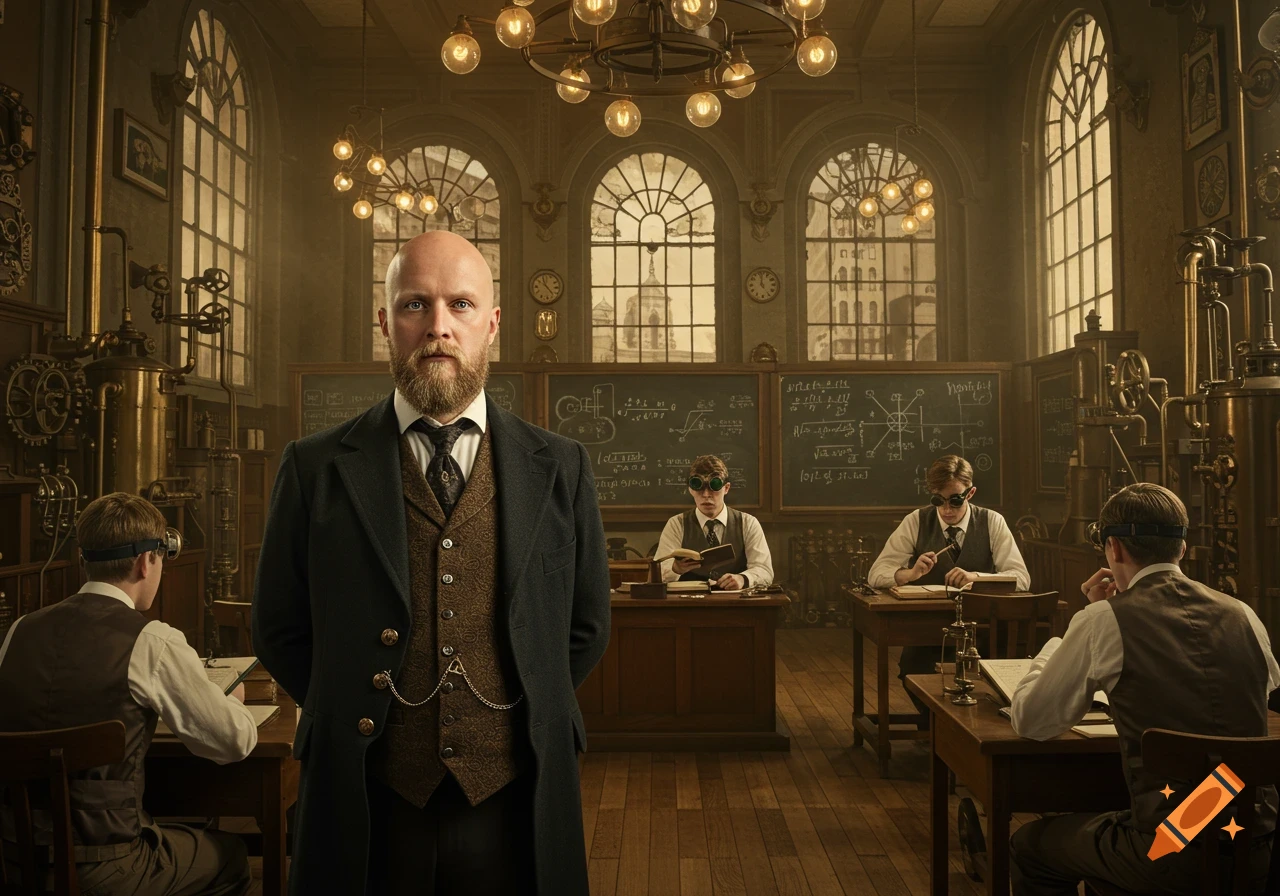 A bald, bearded professor in a suit stands in a steampunk classroom with students wearing goggles at desks, machinery, and chalkboards.