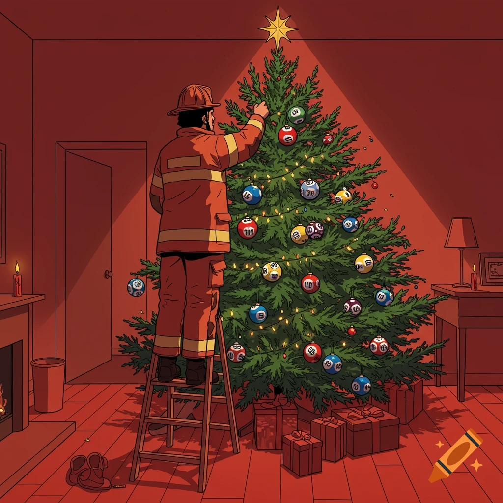 An illustration in a comic book style shows a firefighter on a ladder, decorating a Christmas tree with lotto ball ornaments in a room with a red hue.