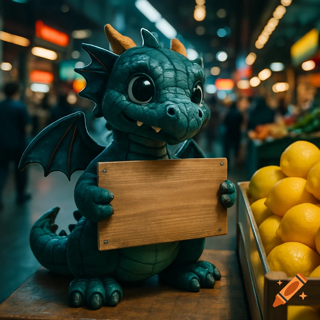 A cute dark teal dragon plushie holding a blank wooden sign sits next to a crate of lemons at a vibrant market stand, cinematic cartoon style.