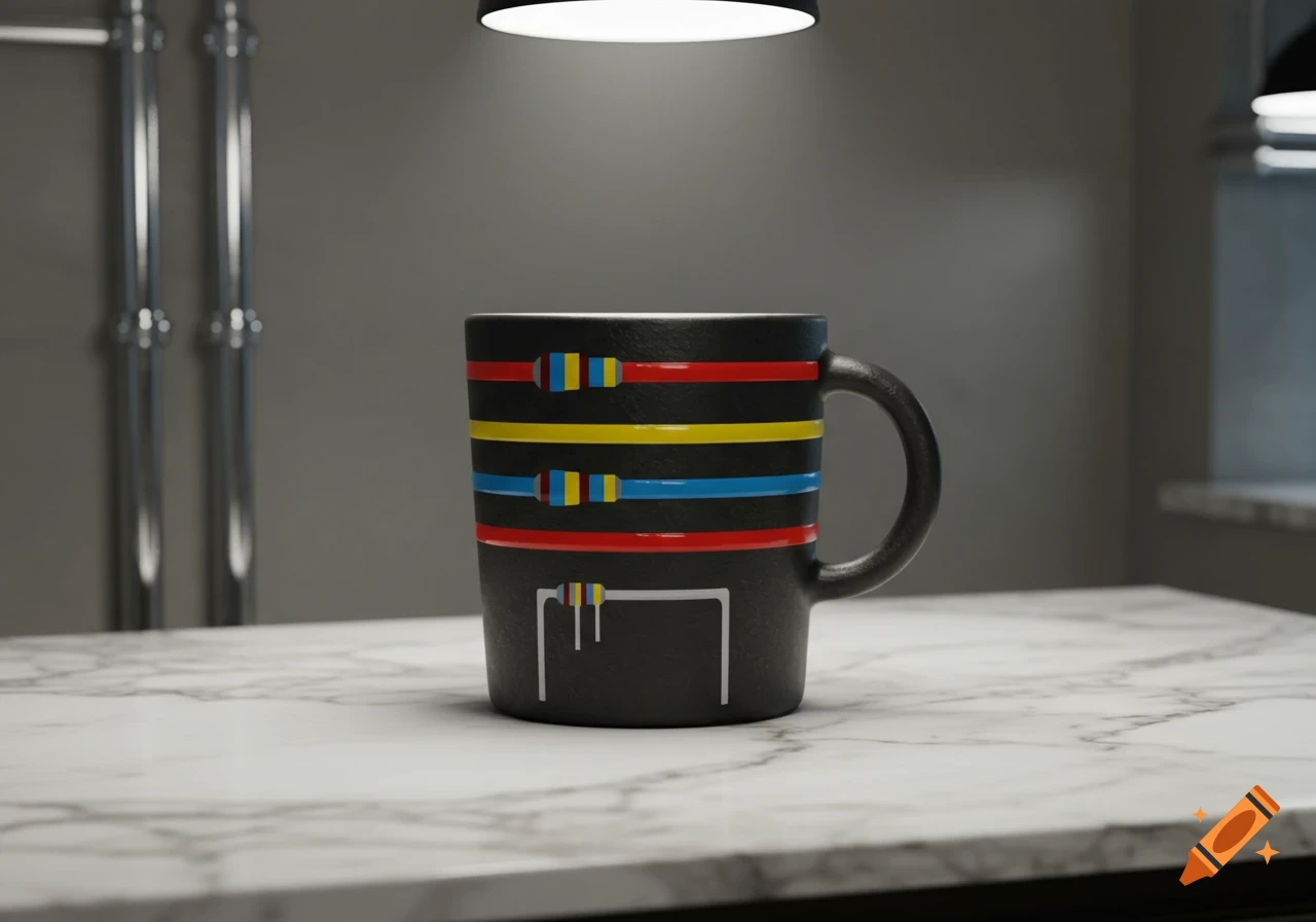 A black mug with colorful electrical resistor band patterns sits on a white marble countertop under a spotlight.